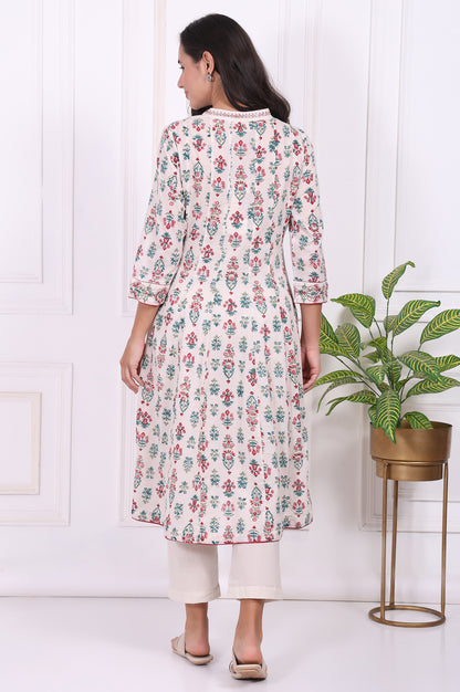 Off-White Floral Printed Thread Embroidered Pure Cotton Flared A-line Kurta