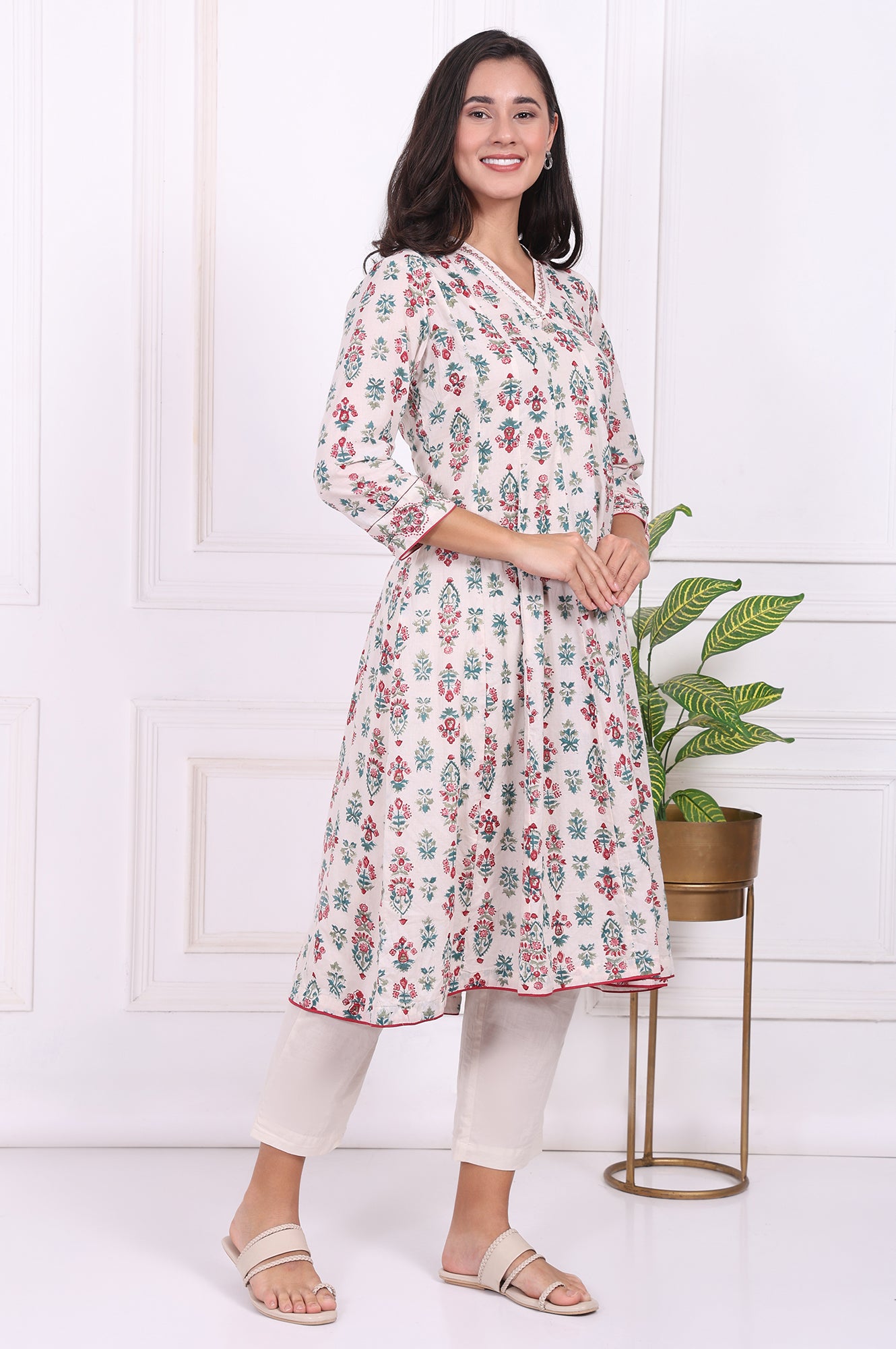 Off-White Floral Printed Thread Embroidered Pure Cotton Flared A-line Kurta