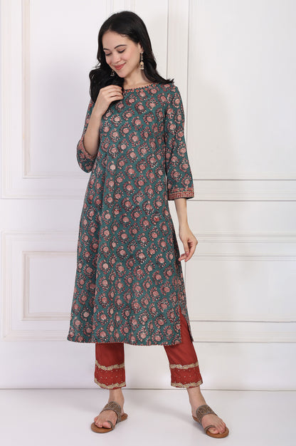 Green Floral Block Printed Embroidered A-Line Cotton Kurta