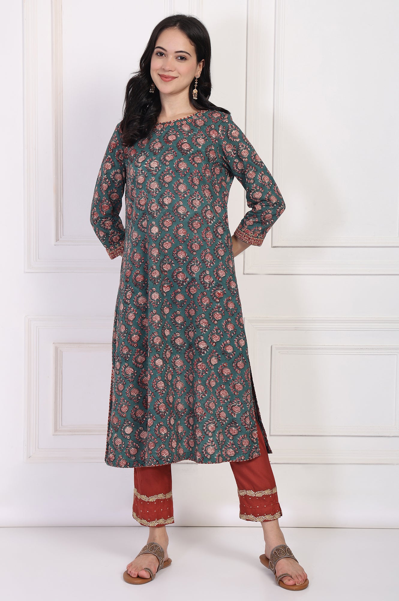 Green Floral Block Printed Embroidered A-Line Cotton Kurta