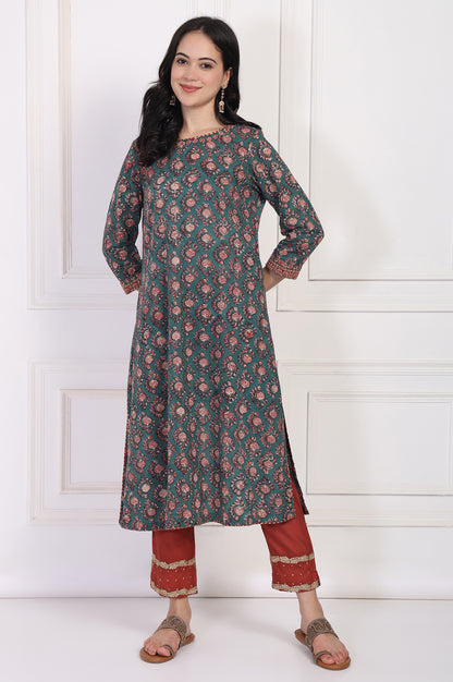 Green Floral Block Printed Embroidered A-Line Cotton Kurta