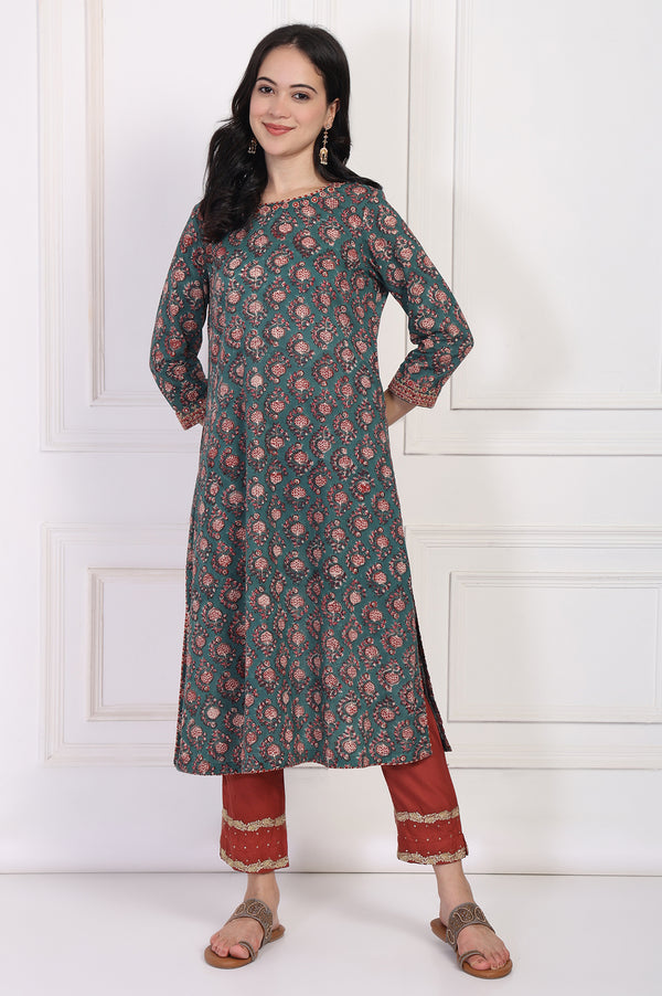 Green Floral Block Printed Embroidered A-Line Cotton Kurta