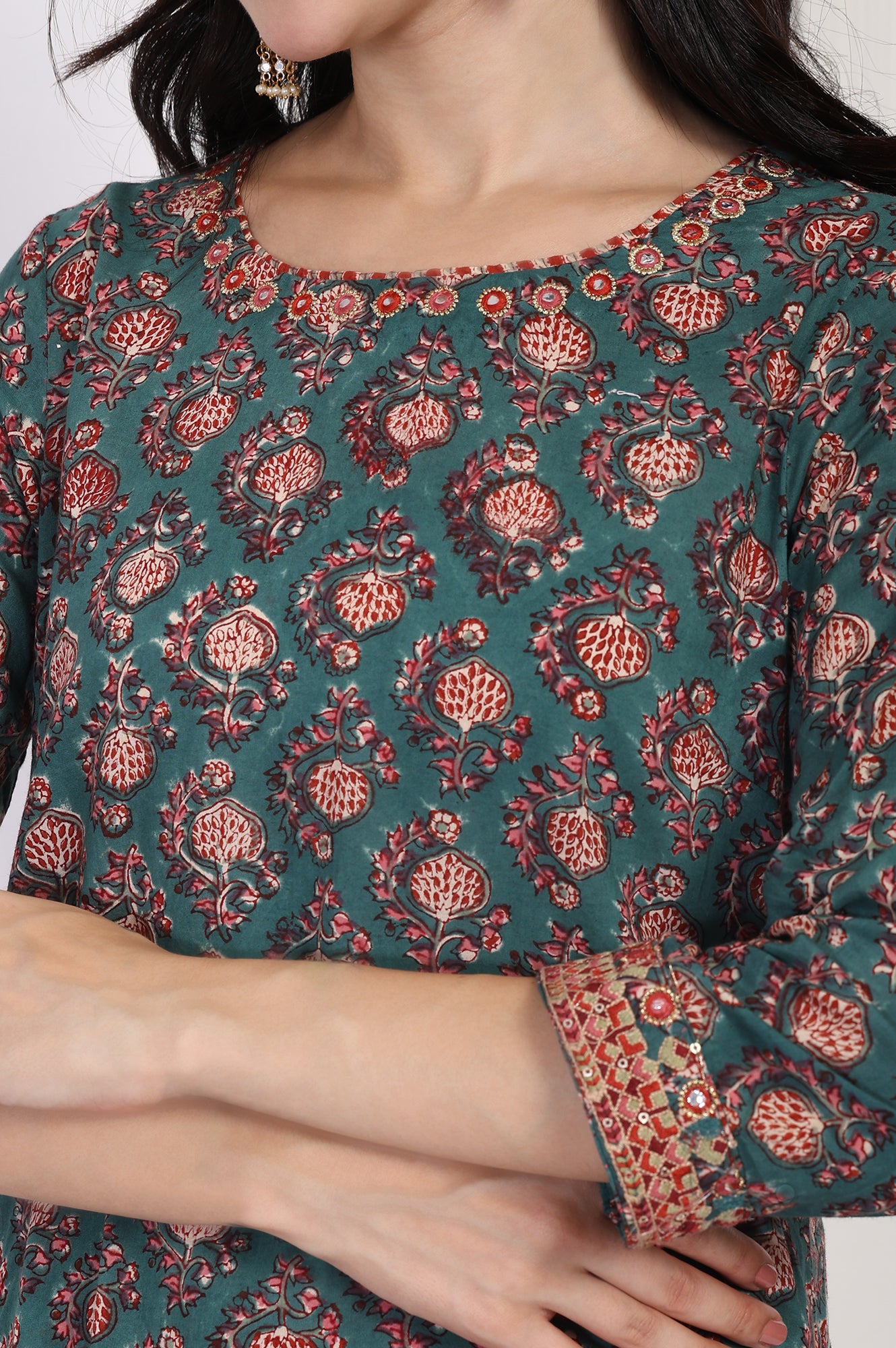 Green Floral Block Printed Embroidered A-Line Cotton Kurta