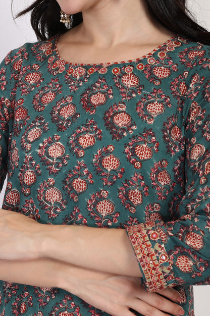 Green Floral Block Printed Embroidered A-Line Cotton Kurta