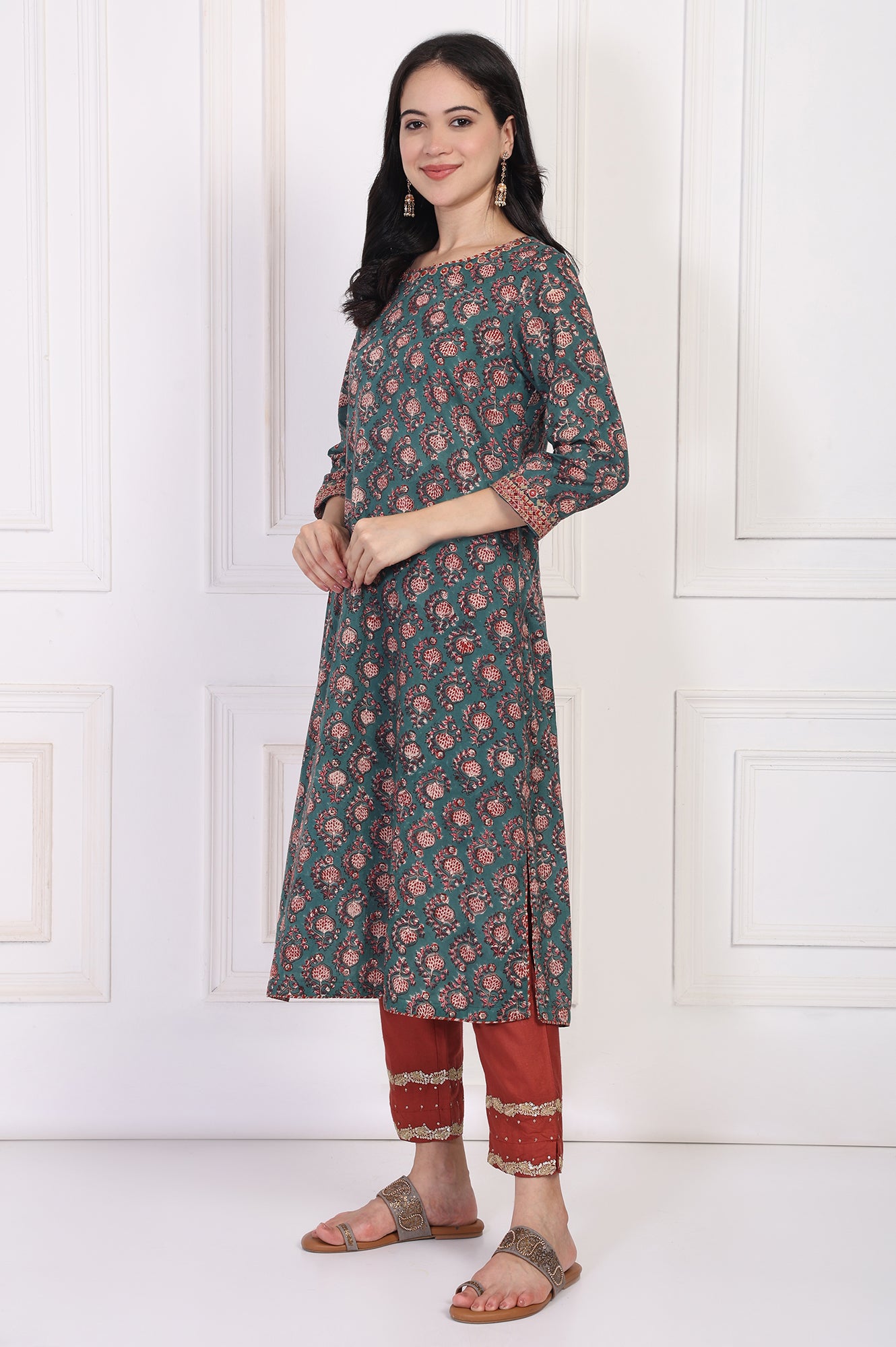 Green Floral Block Printed Embroidered A-Line Cotton Kurta