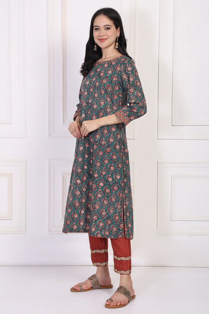 Green Floral Block Printed Embroidered A-Line Cotton Kurta