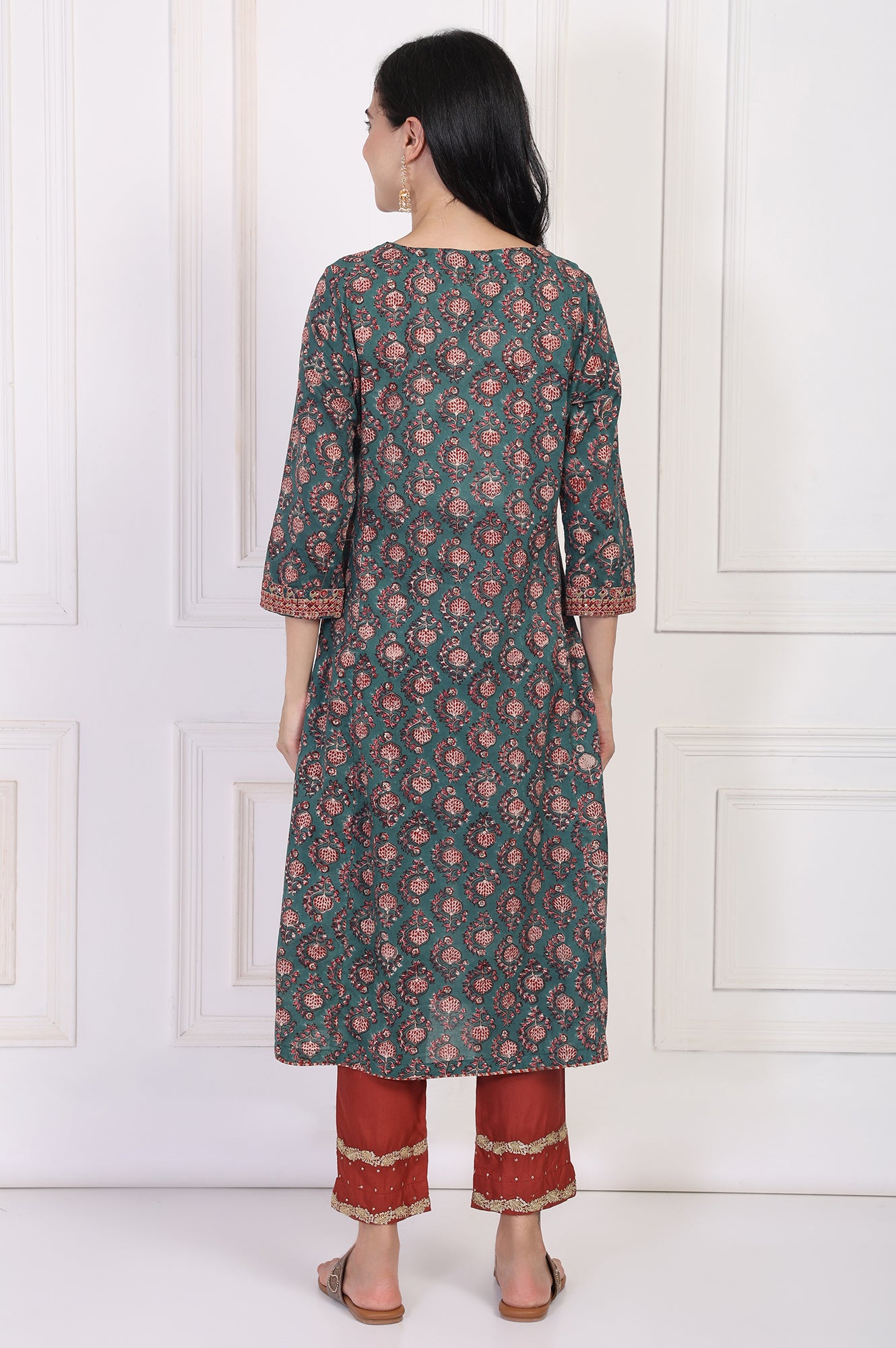 Green Floral Block Printed Embroidered A-Line Cotton Kurta