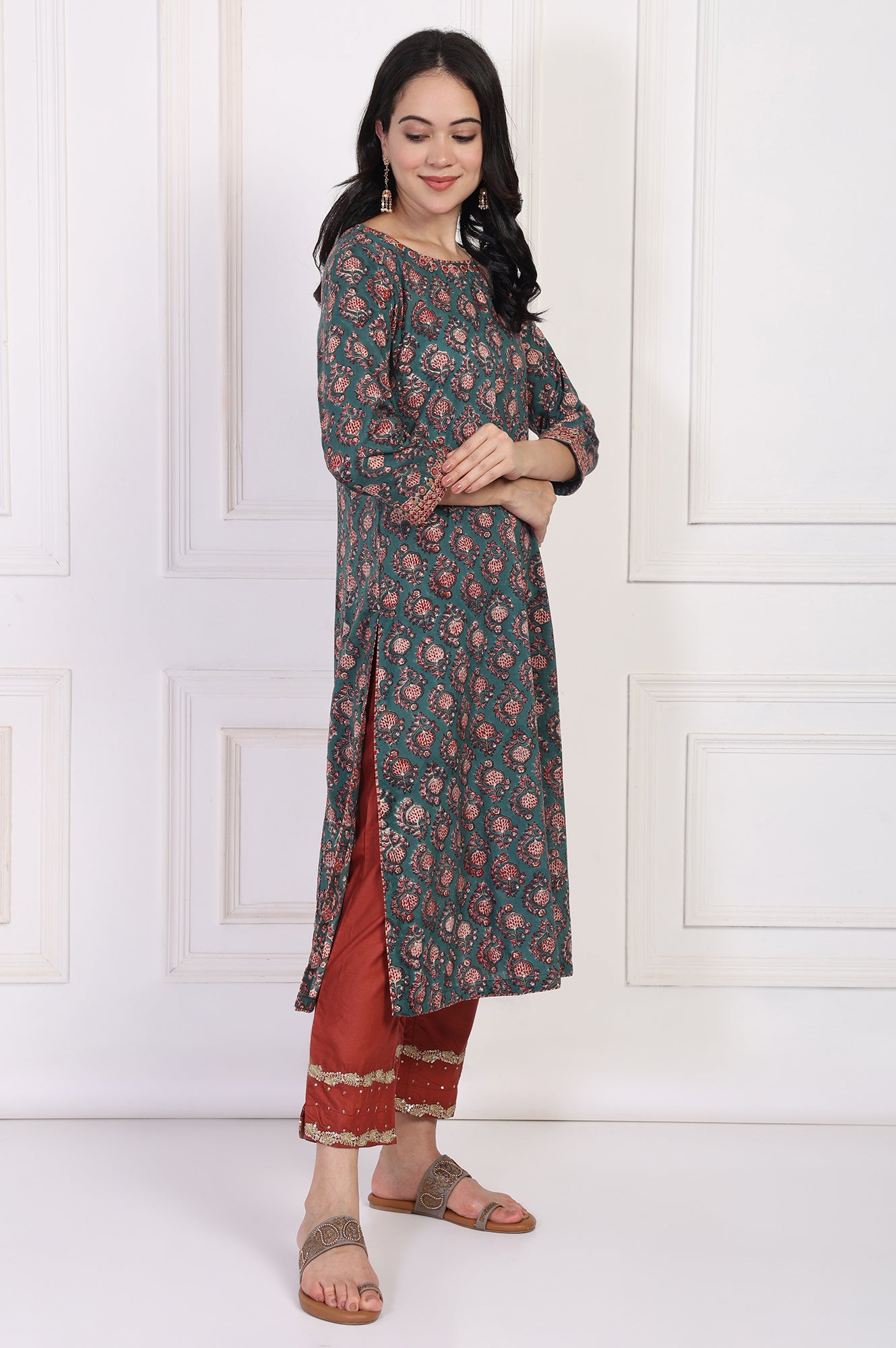 Green Floral Block Printed Embroidered A-Line Cotton Kurta