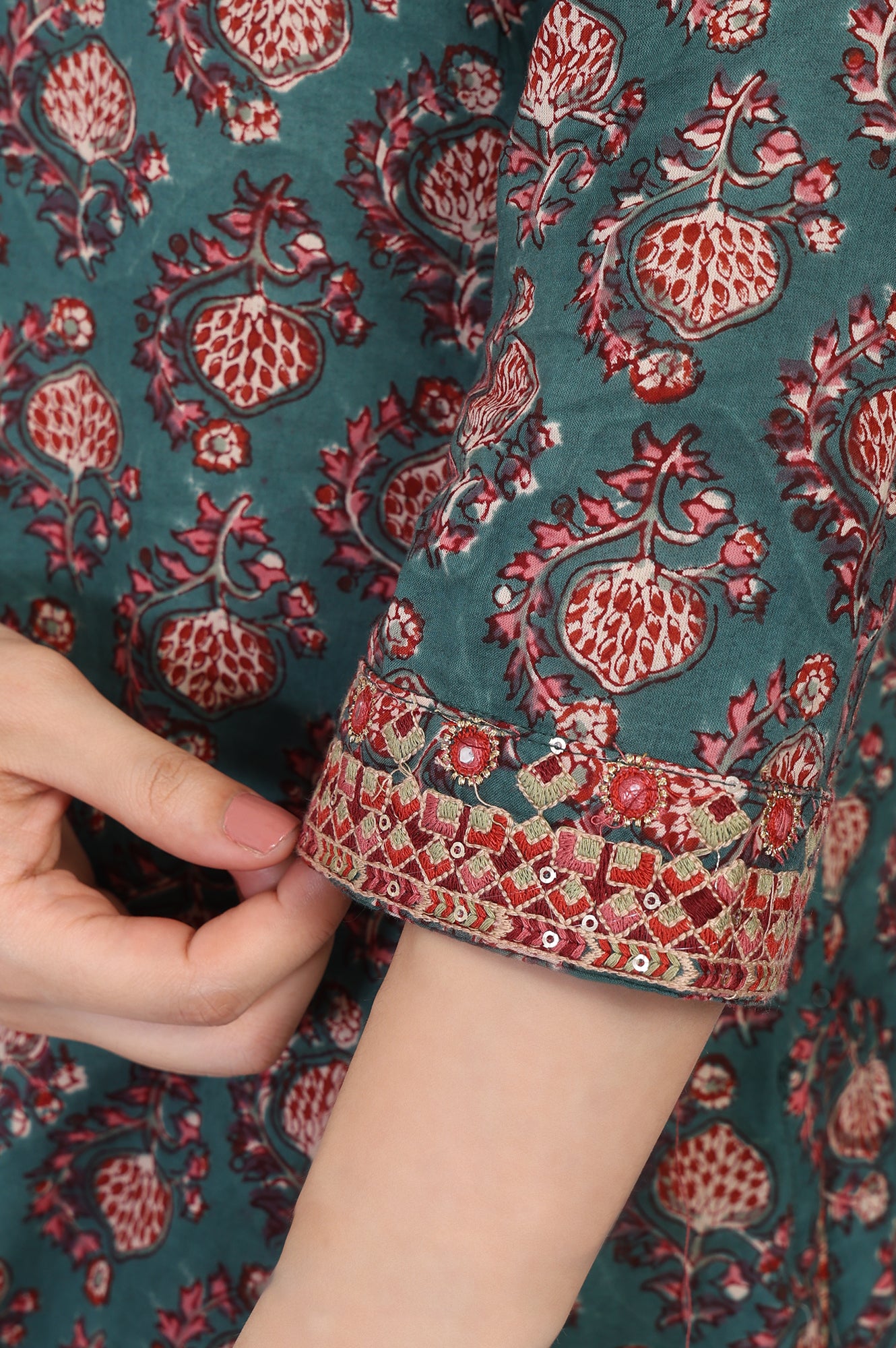 Green Floral Block Printed Embroidered A-Line Cotton Kurta