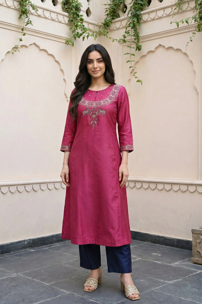 Magenta Mirror Embroidered Tussar Silk Straight Kurta