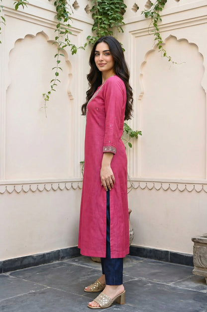 Magenta Mirror Embroidered Tussar Silk Straight Kurta