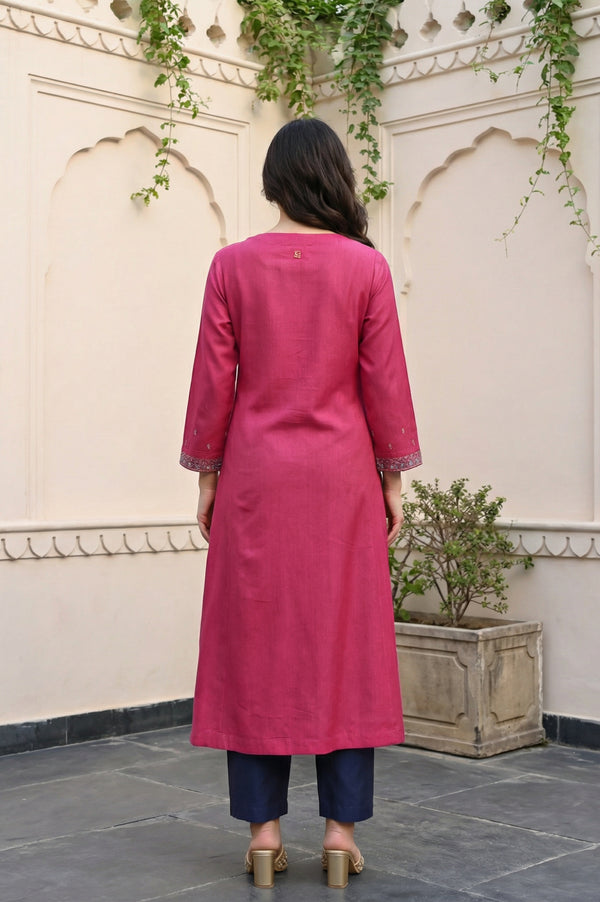Magenta Mirror Embroidered Tussar Silk Straight Kurta