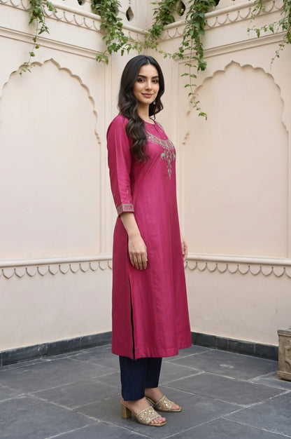 Magenta Mirror Embroidered Tussar Silk Straight Kurta