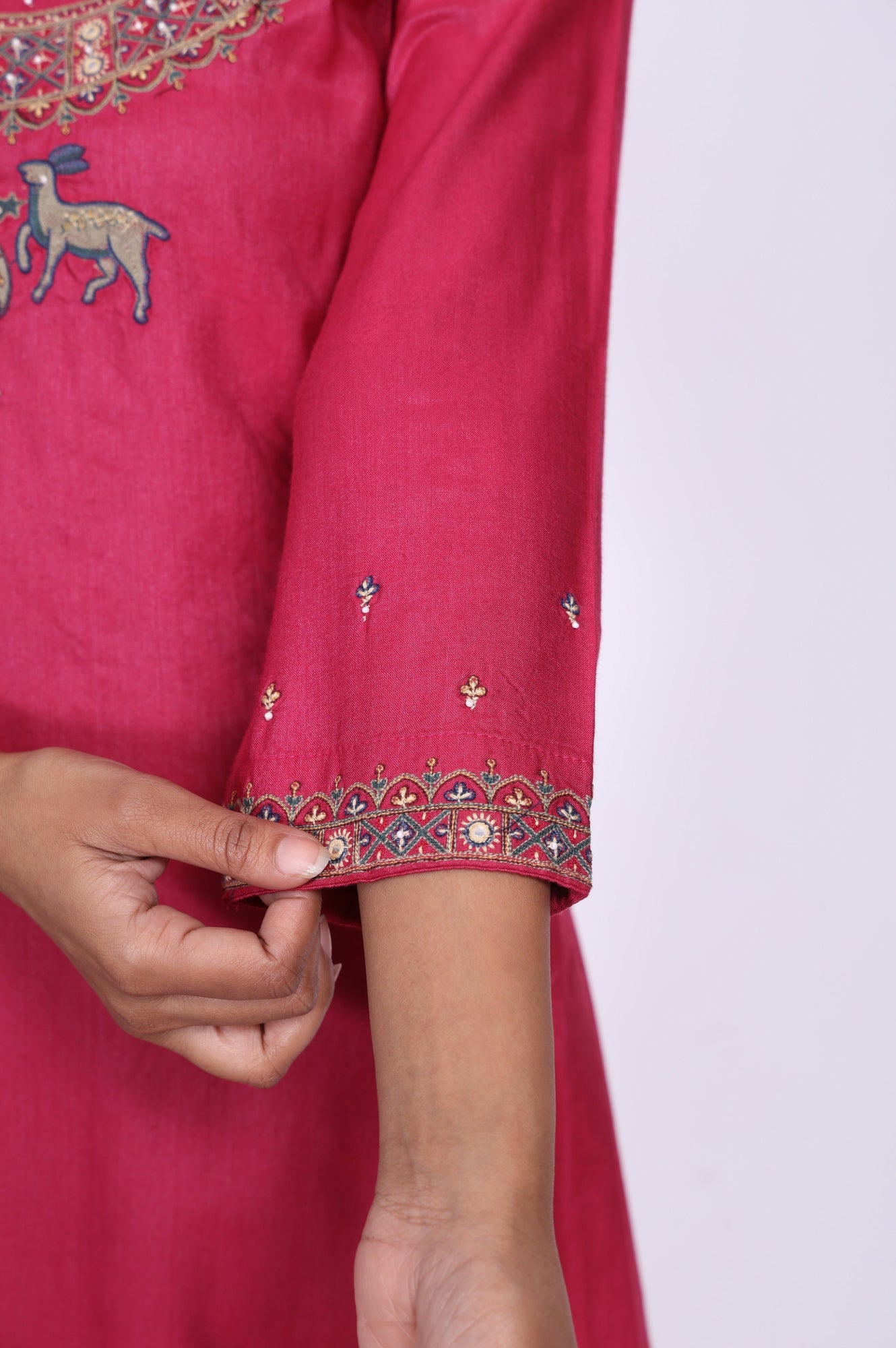 Magenta Mirror Embroidered Tussar Silk Straight Kurta