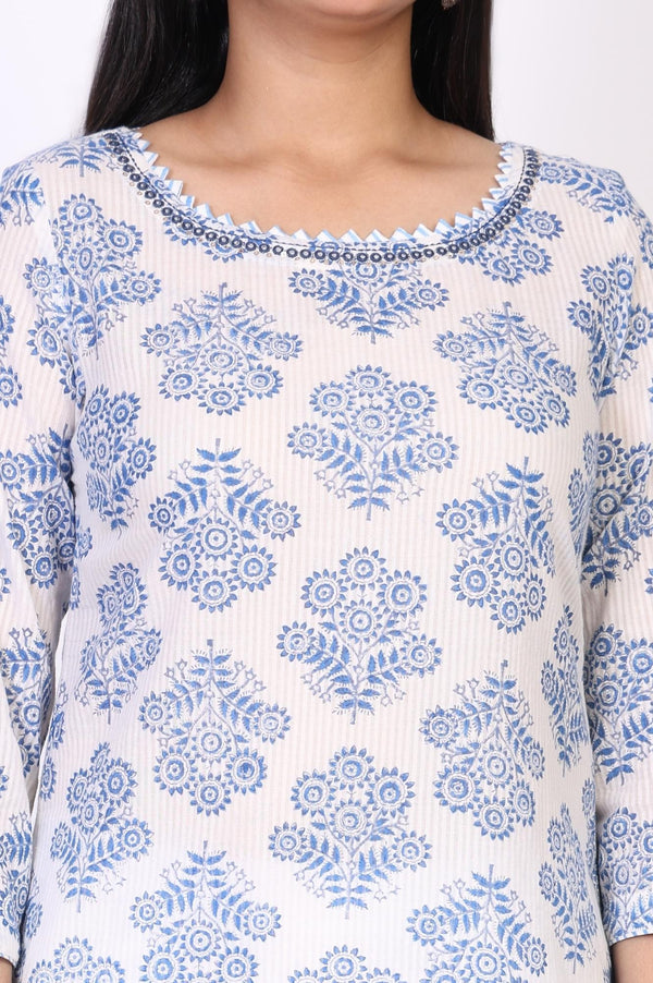 White Floral Straight Cotton Kurta