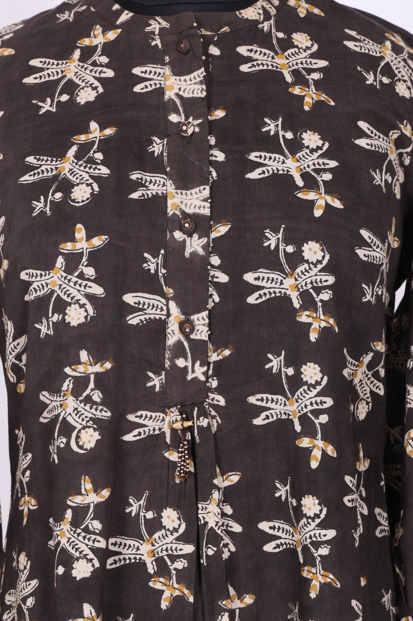 Charcoal Botanical Printed Pure Cotton Pleated Kurta