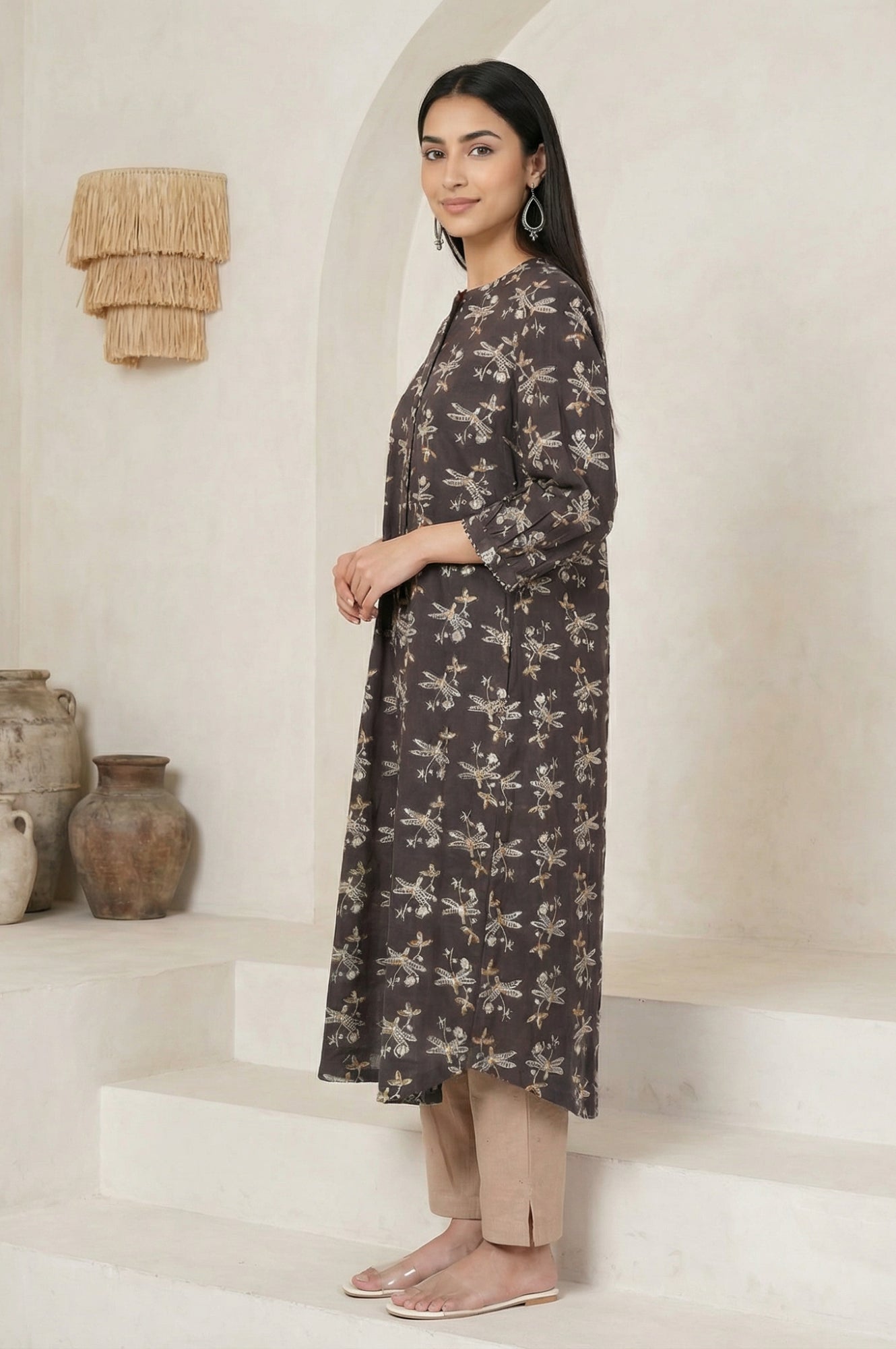 Charcoal Botanical Printed Pure Cotton Pleated Kurta
