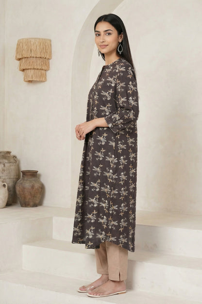 Charcoal Botanical Printed Pure Cotton Pleated Kurta