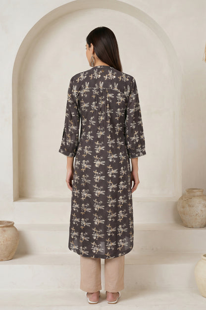 Charcoal Botanical Printed Pure Cotton Pleated Kurta