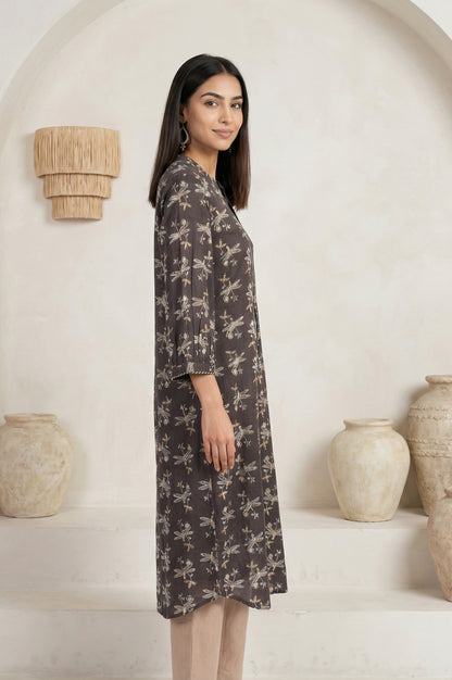Charcoal Botanical Printed Pure Cotton Pleated Kurta