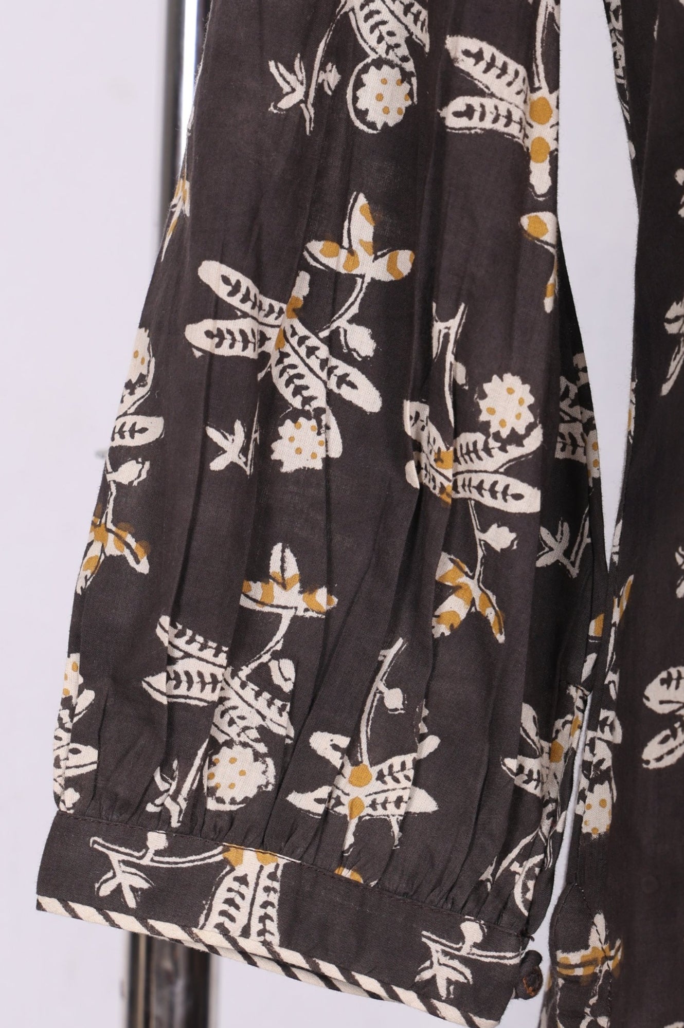 Charcoal Botanical Printed Pure Cotton Pleated Kurta