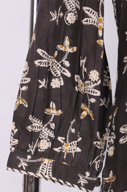 Charcoal Botanical Printed Pure Cotton Pleated Kurta
