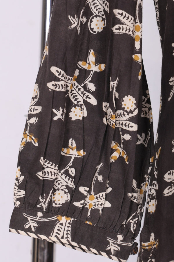 Charcoal Botanical Printed Pure Cotton Pleated Kurta