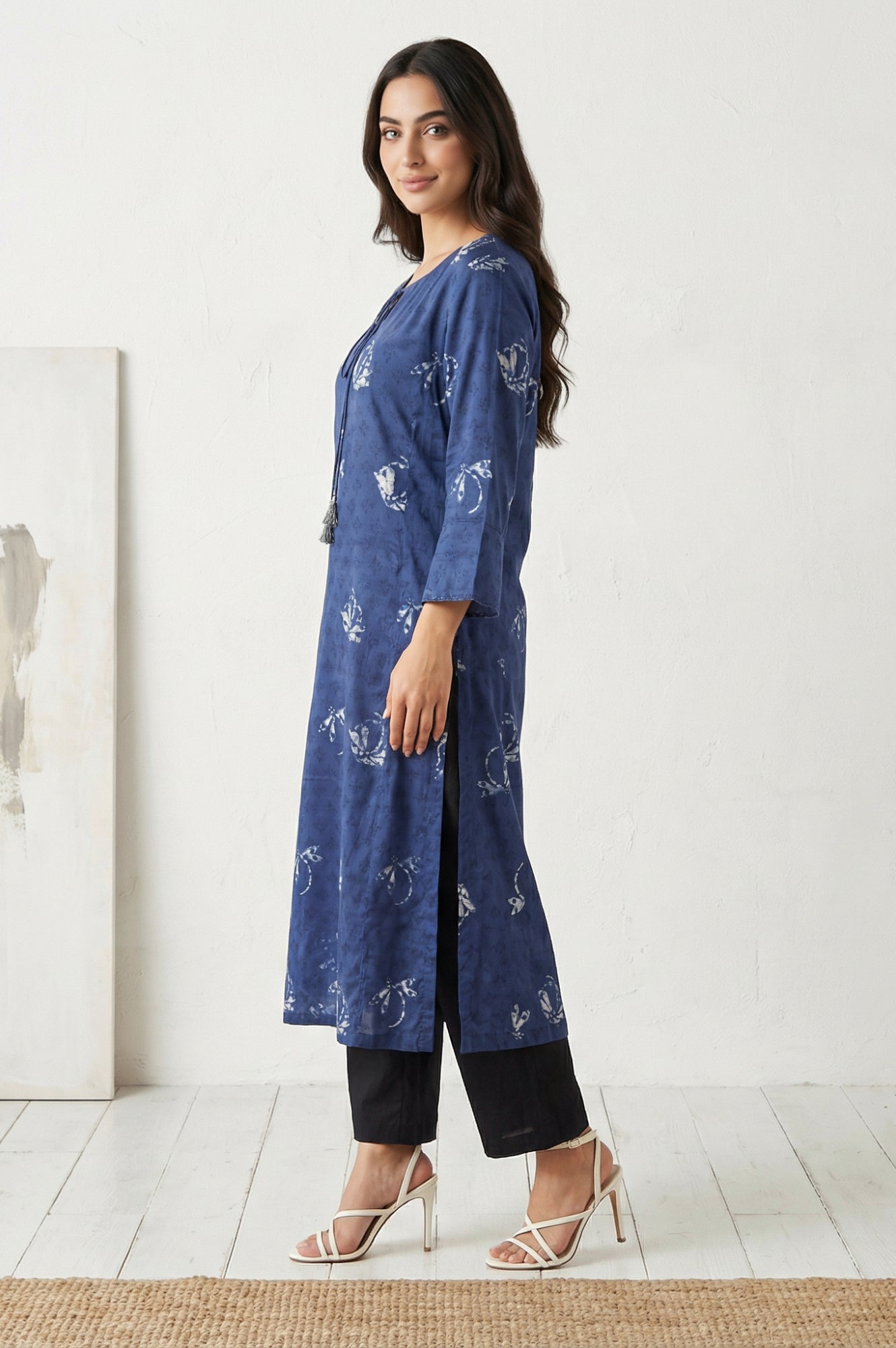 Navy Blue Batik Printed Satin Straight Kurta with Tassels