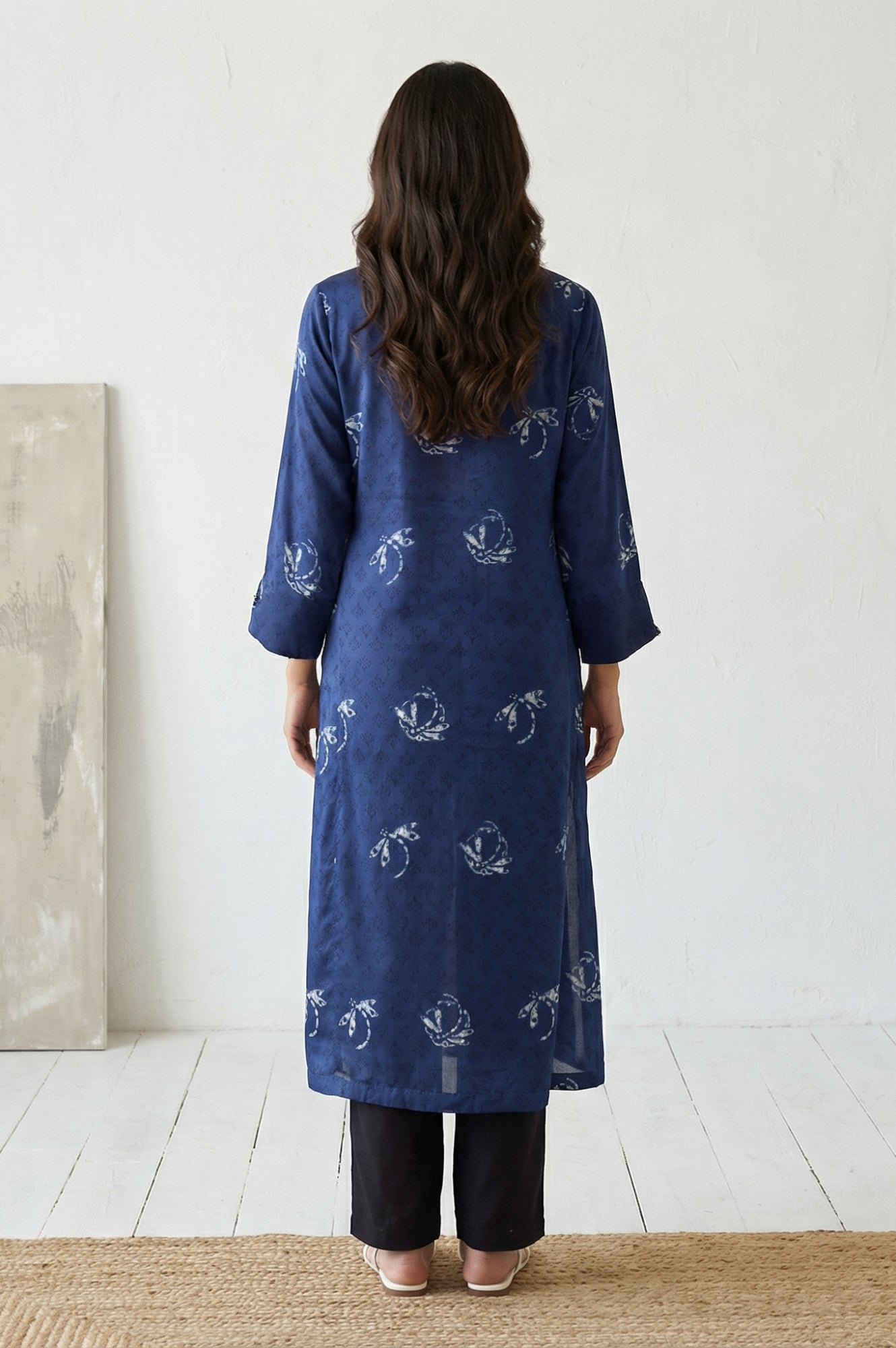 Navy Blue Batik Printed Satin Straight Kurta with Tassels