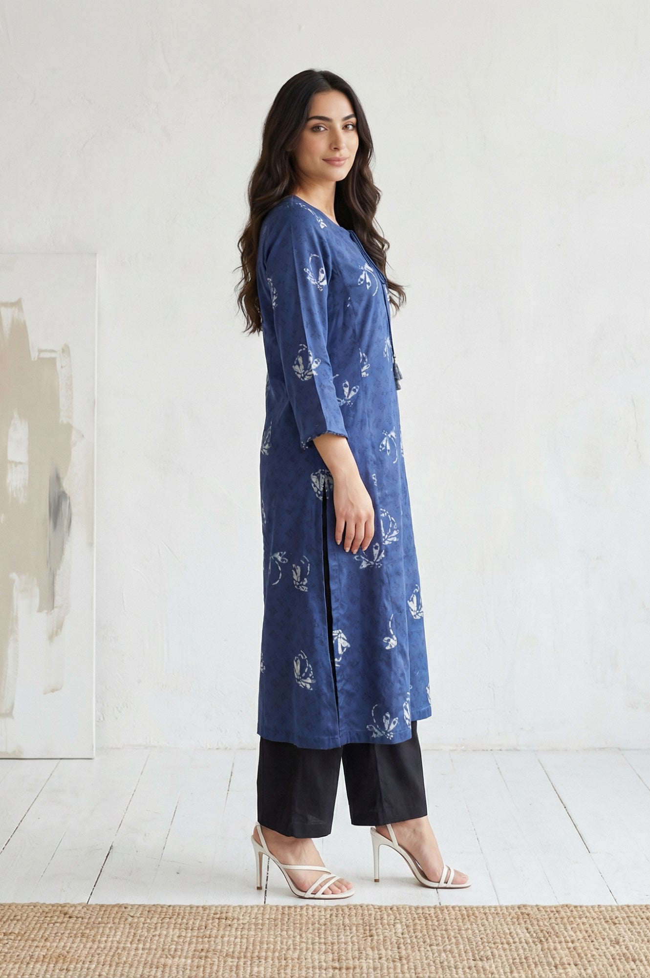 Navy Blue Batik Printed Satin Straight Kurta with Tassels