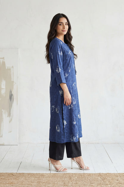 Navy Blue Batik Printed Satin Straight Kurta with Tassels