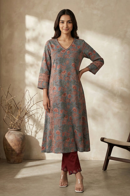 Blue Floral Printed Block Print Mirror work Pure Cotton A-line Kurta