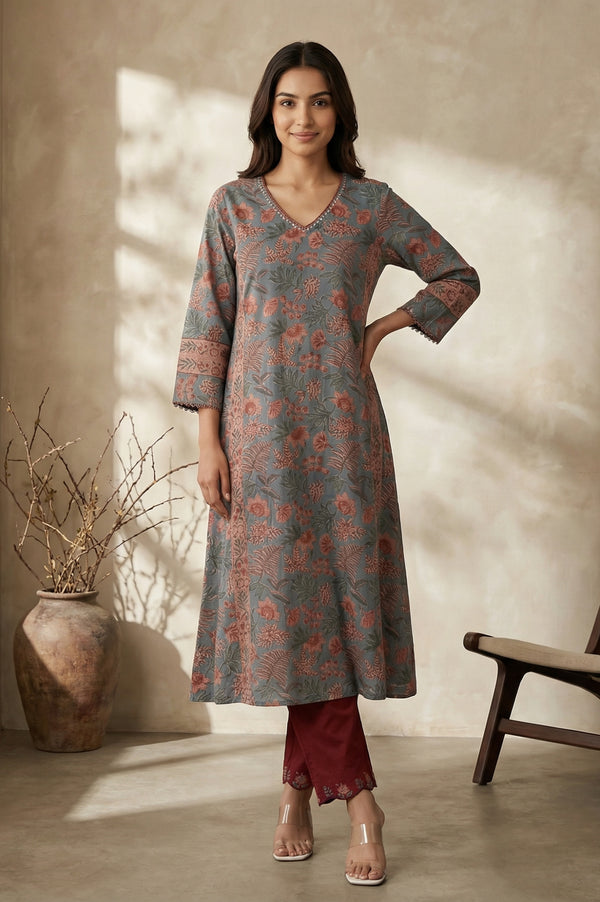 Blue Floral Printed Block Print Mirror work Pure Cotton A-line Kurta