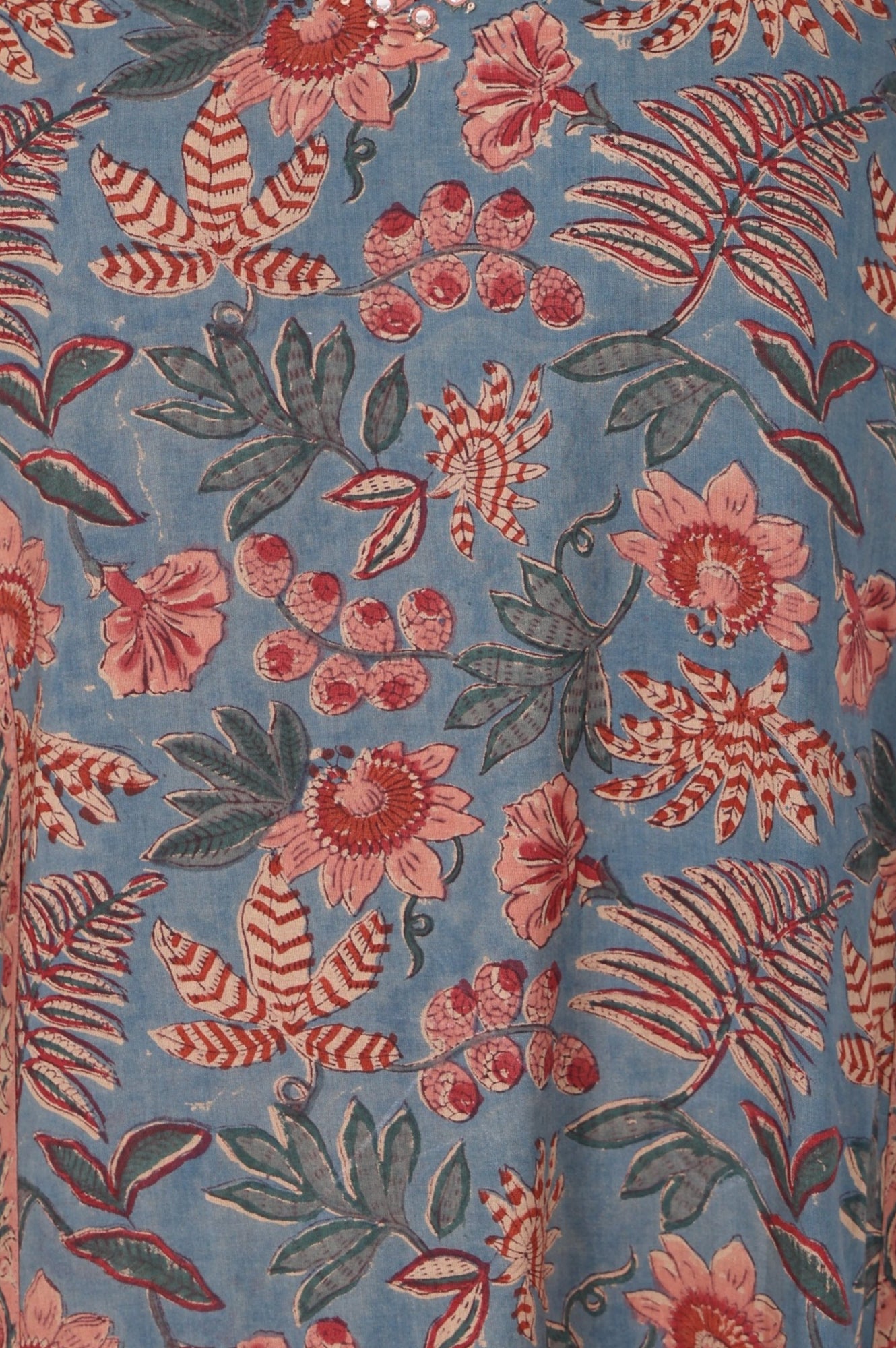 Blue Floral Printed Block Print Mirror work Pure Cotton A-line Kurta