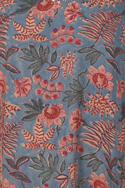 Blue Floral Printed Block Print Mirror work Pure Cotton A-line Kurta