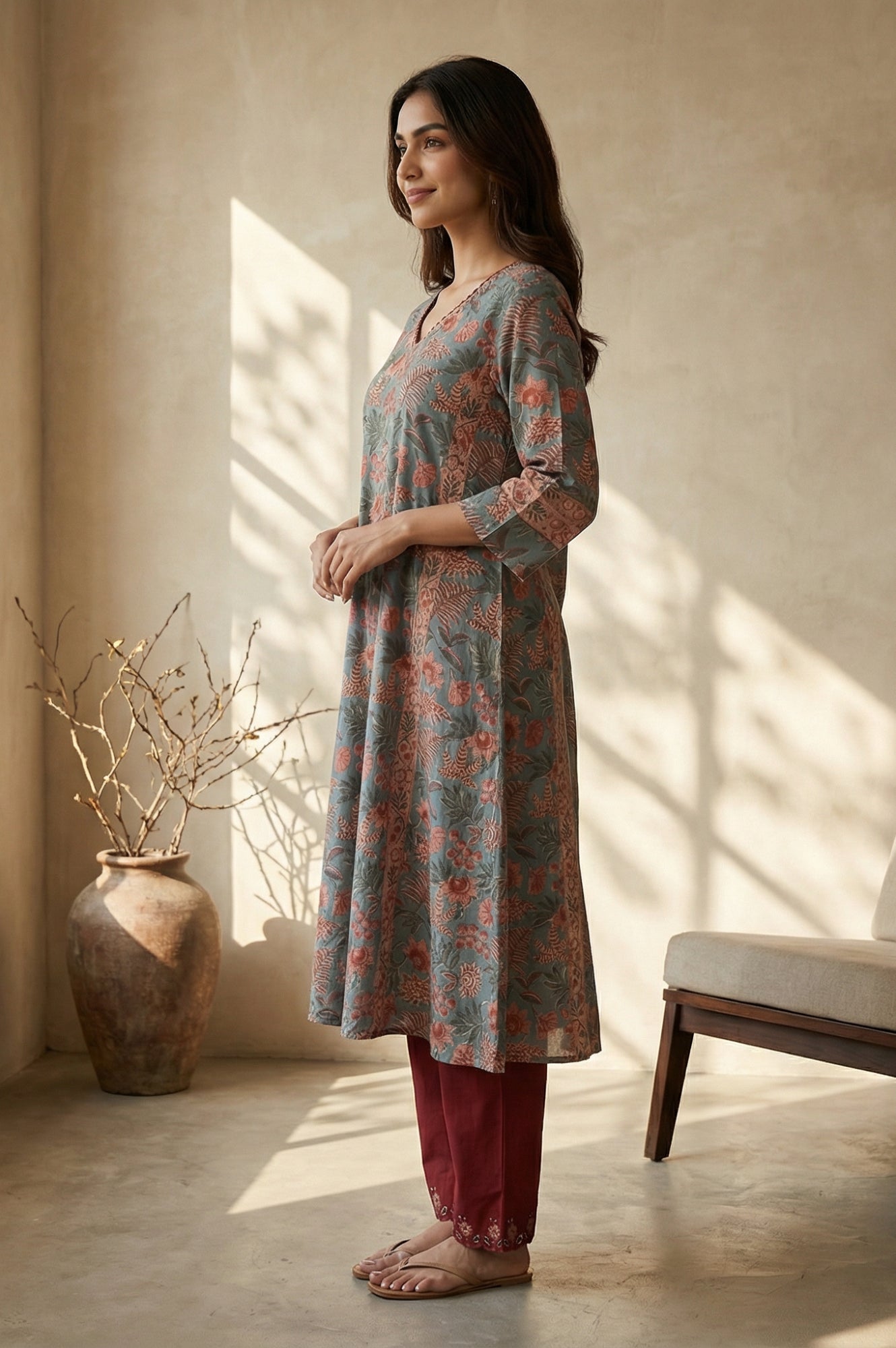 Blue Floral Printed Block Print Mirror work Pure Cotton A-line Kurta