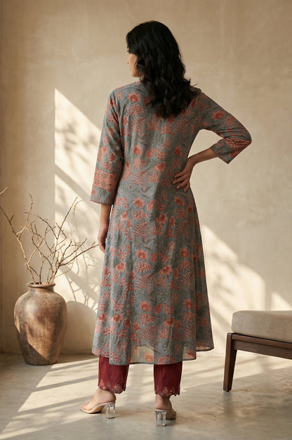 Blue Floral Printed Block Print Mirror work Pure Cotton A-line Kurta
