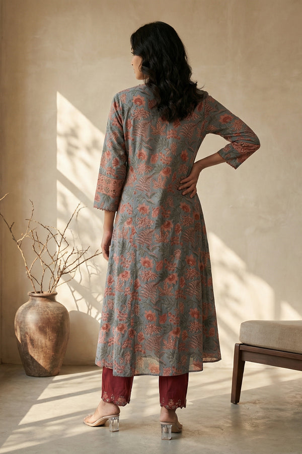 Blue Floral Printed Block Print Mirror work Pure Cotton A-line Kurta