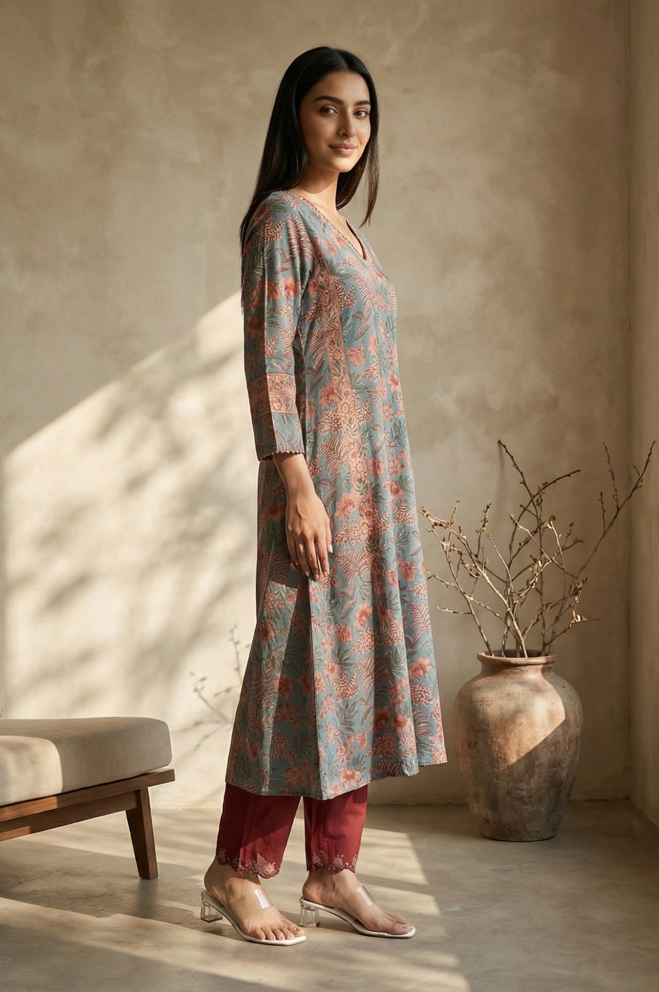 Blue Floral Printed Block Print Mirror work Pure Cotton A-line Kurta