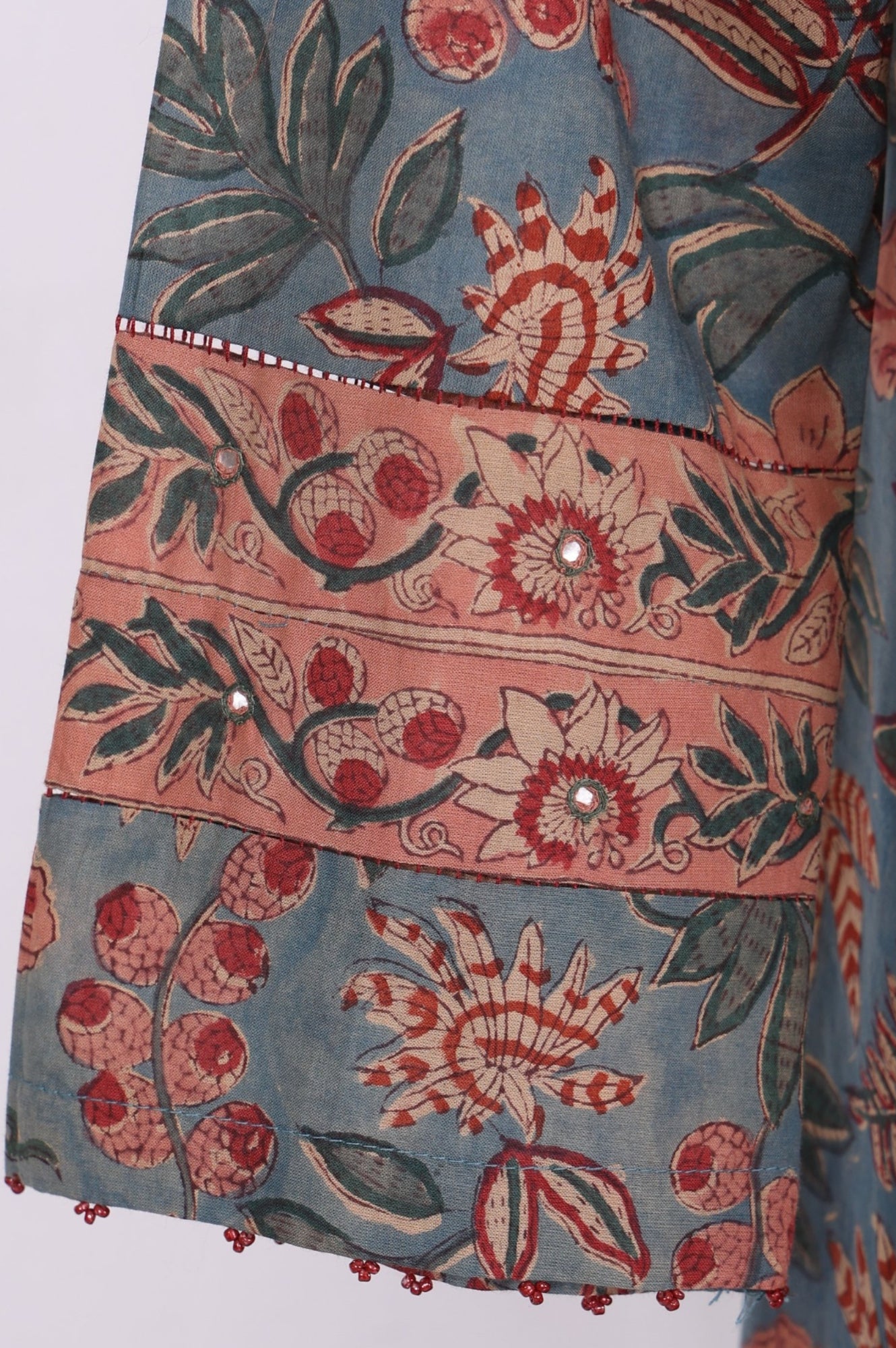 Blue Floral Printed Block Print Mirror work Pure Cotton A-line Kurta