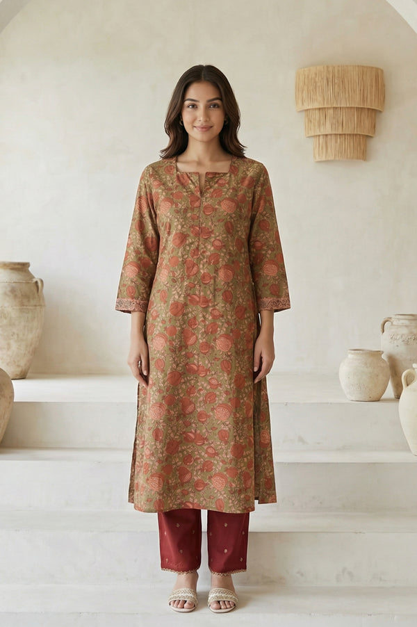 Olive Floral Printed Beadwork Pure Cotton Straight Kurta