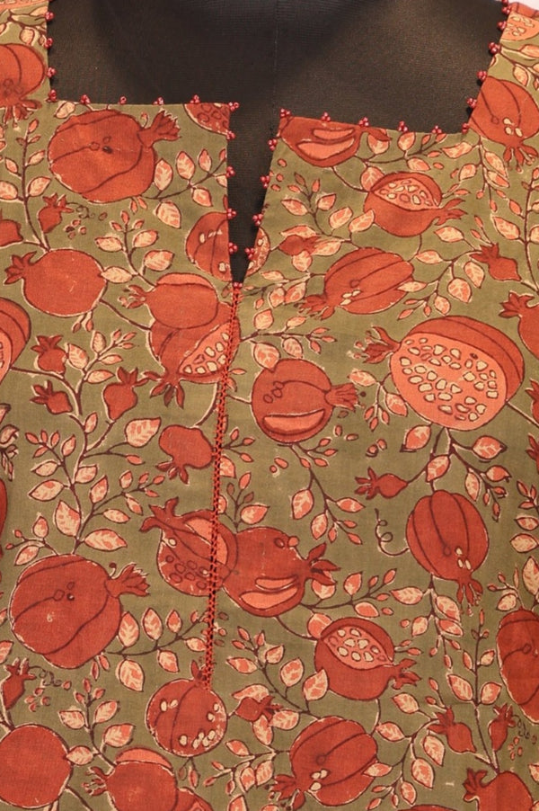 Olive Floral Printed Beadwork Pure Cotton Straight Kurta