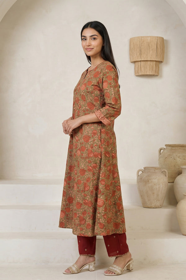 Olive Floral Printed Beadwork Pure Cotton Straight Kurta