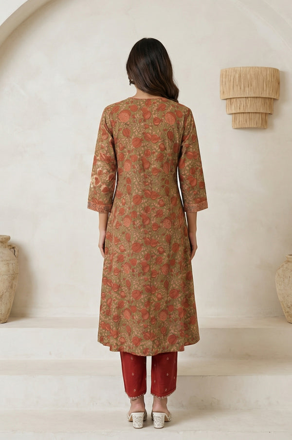 Olive Floral Printed Beadwork Pure Cotton Straight Kurta