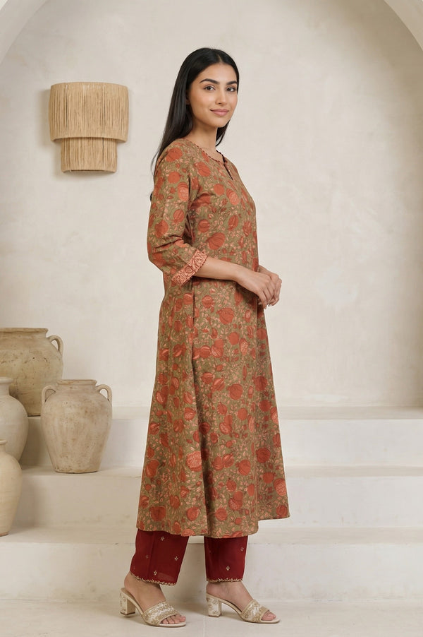 Olive Floral Printed Beadwork Pure Cotton Straight Kurta