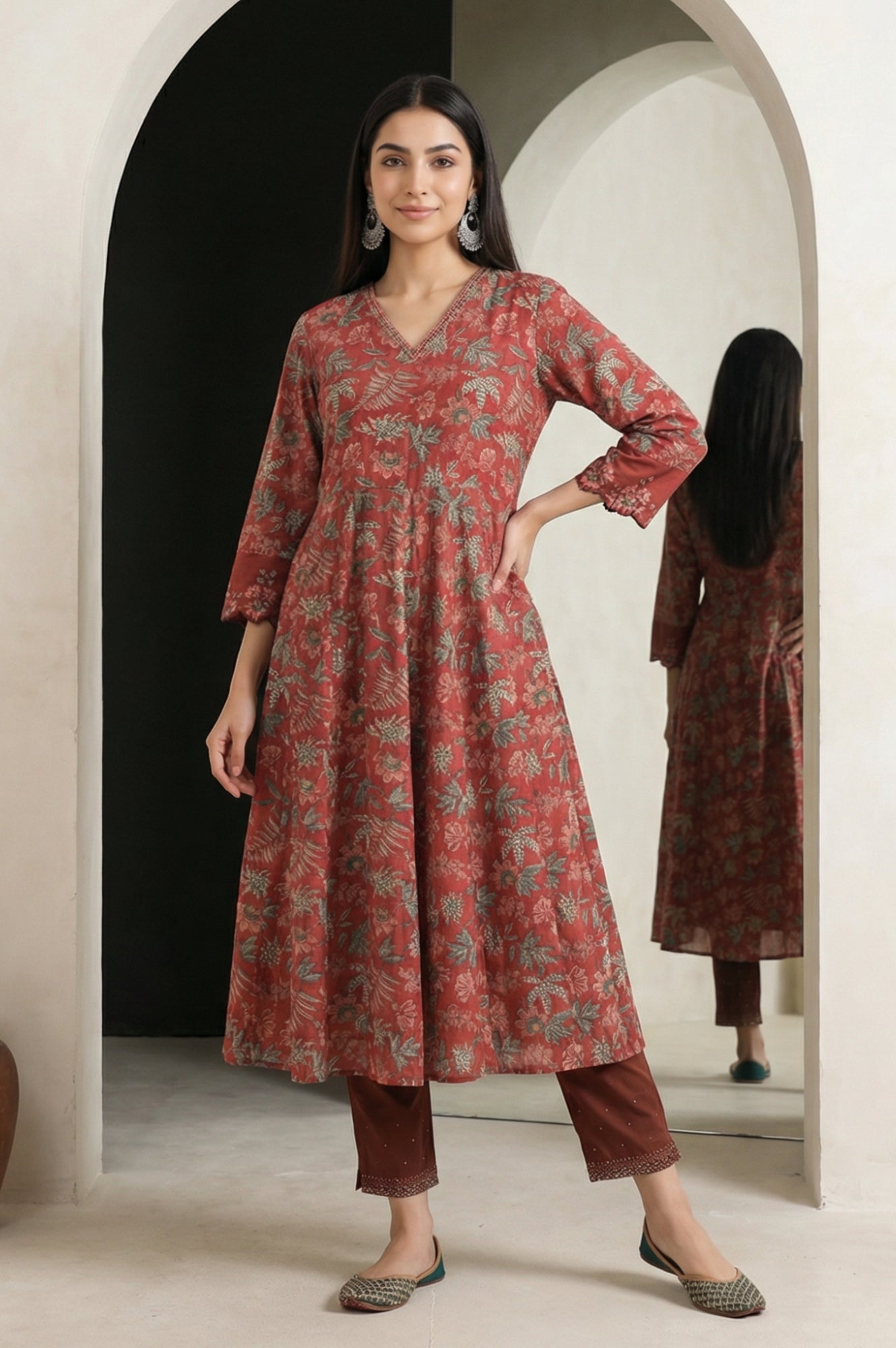 Maroon Floral Printed Embroidered Pure Cotton A-line Kurta