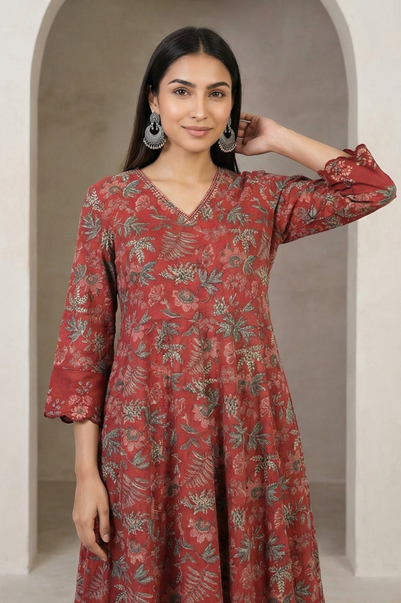 Maroon Floral Printed Embroidered Pure Cotton A-line Kurta