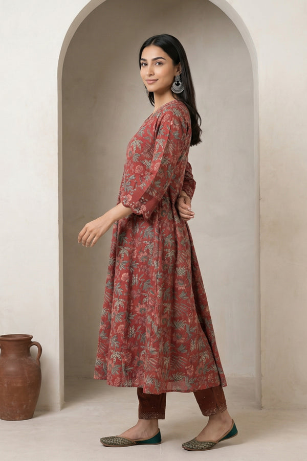Maroon Floral Printed Embroidered Pure Cotton A-line Kurta
