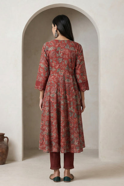 Maroon Floral Printed Embroidered Pure Cotton A-line Kurta