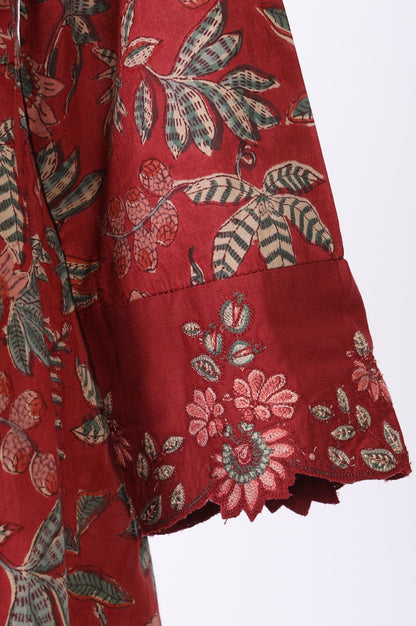 Maroon Floral Printed Embroidered Pure Cotton A-line Kurta
